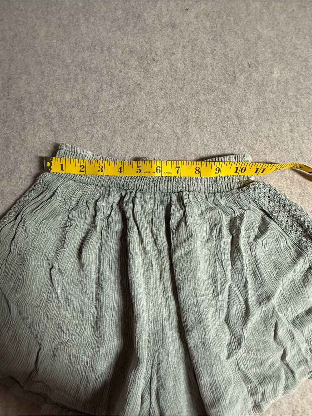 Salty Lemon Olive Green High-Waist Smocked Crochet-Trim Shorts - Picture 7 of 8